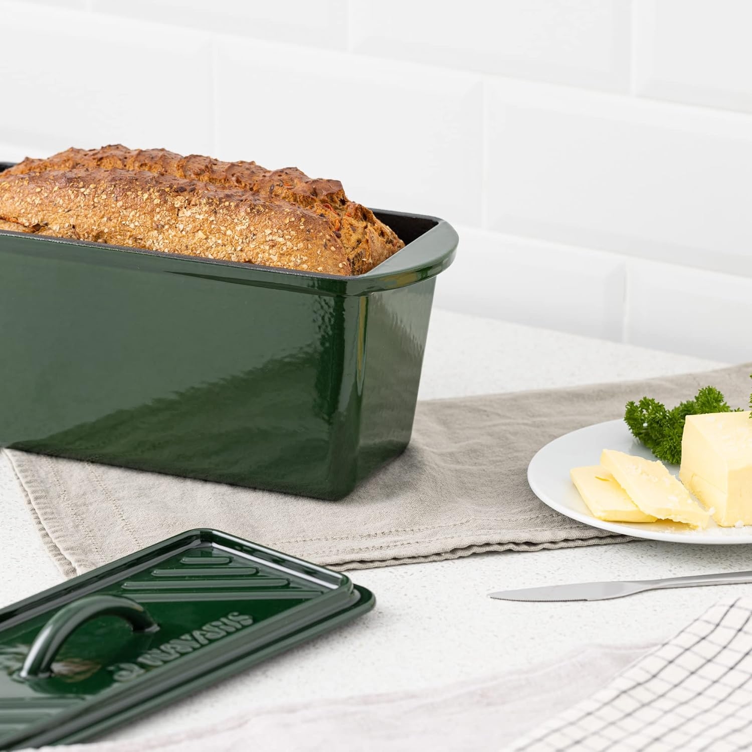 Tava copt paine Navaris, 34 cm, fonta, verde, cu capac, pentru paine traditionala, 52635.02