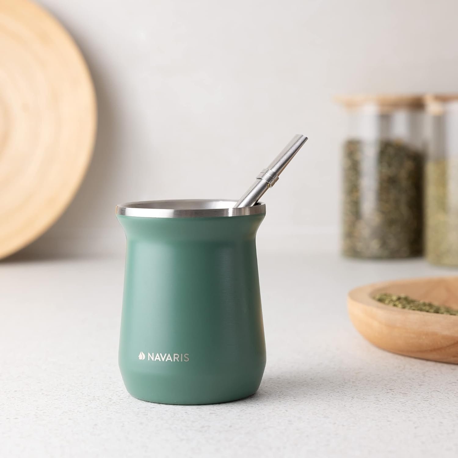 Cana Yerba Mate Navaris, 1 pai, 1 perie, 300 ml, inox, verde, 54274.01.07
