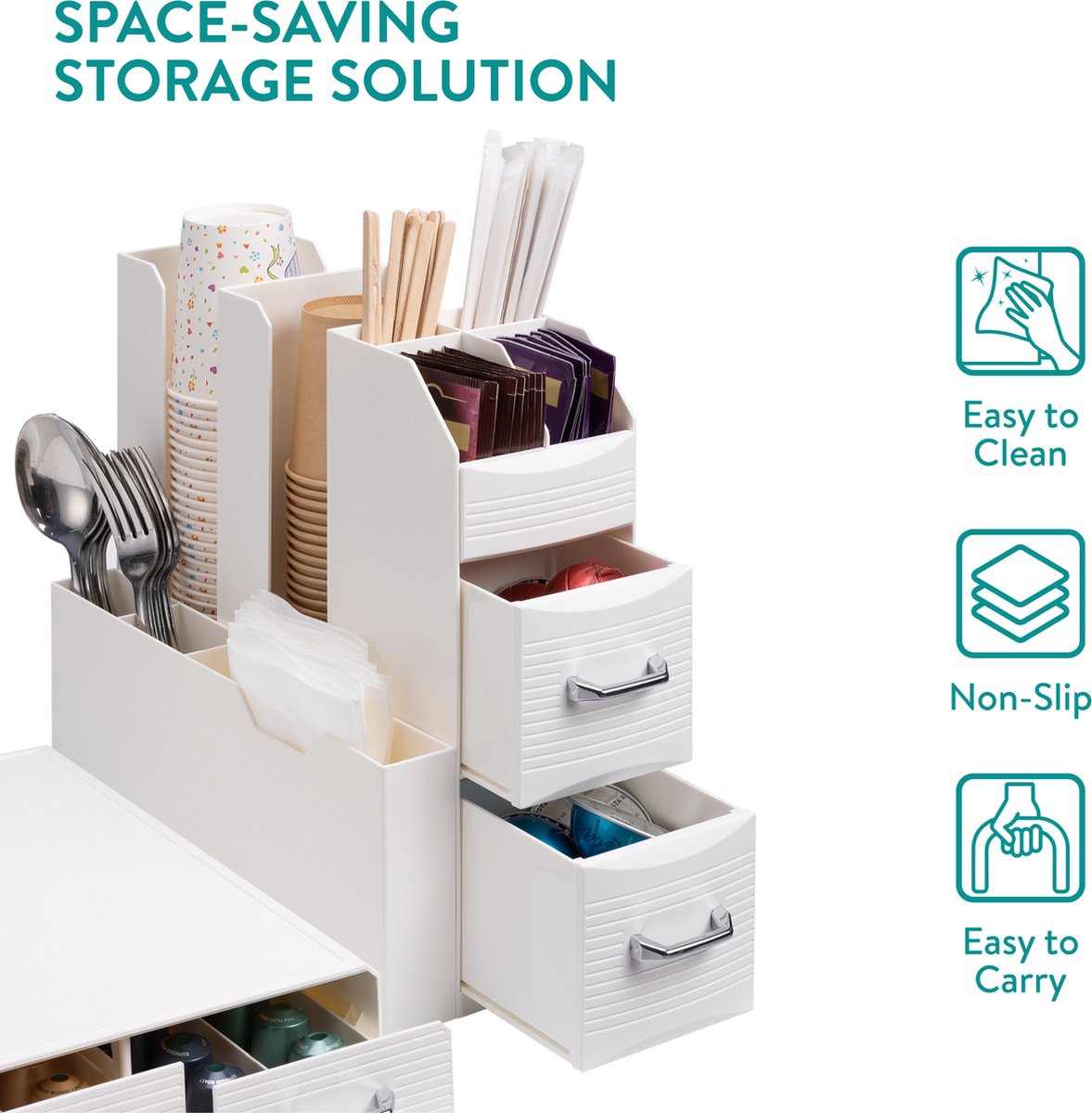 Set suport aparat cafea, 3 sertare pentru 48 capsule Nespresso si organizator 2 sertare pentru consumabile Navaris, alb