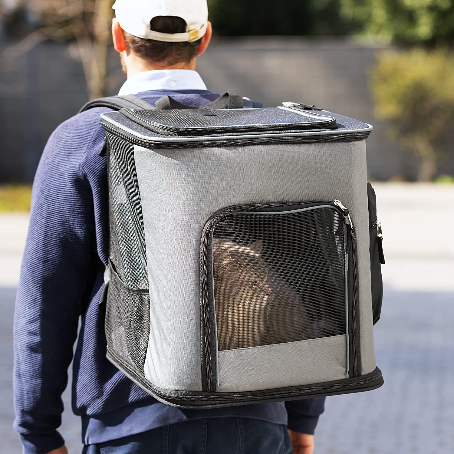 Rucsac transport animale Navaris, 41x34.5x43 cm, 2 in 1, cu buzunare si suport lombar, 47550.19